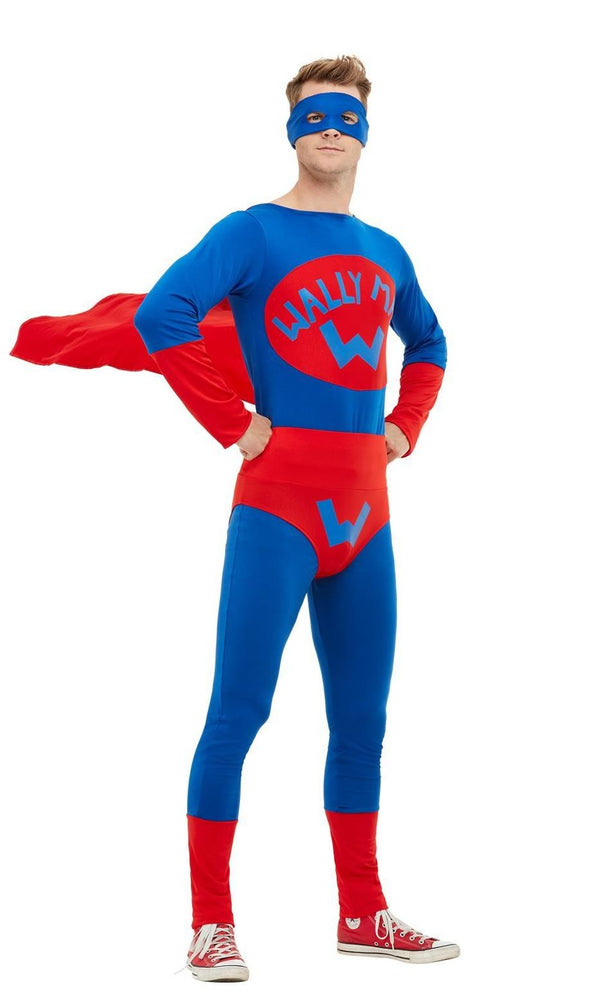 Side of red and blue Wally Man super hero costume