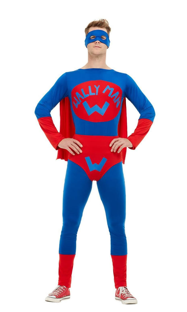 Red and blue Wally Man super hero costume