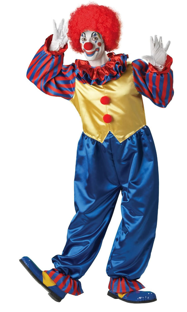 Blue, red and gold clown bodysuit with red wig