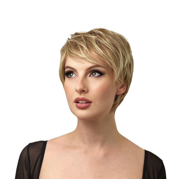 Woman with a styled wig on a white background