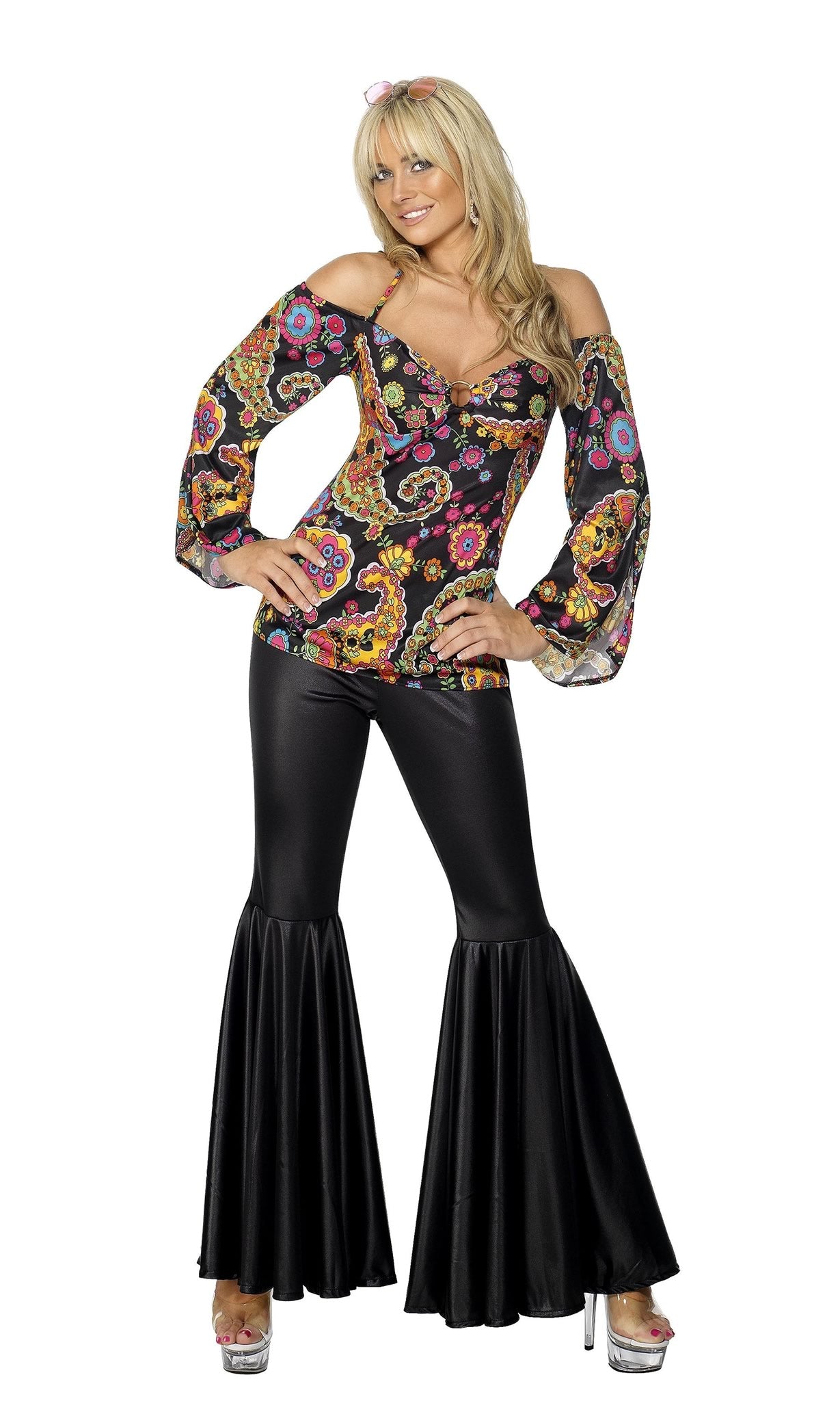 60s patterned halter neck long sleeve top with black flared pants