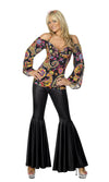 60s patterned halter neck long sleeve top with black flared pants
