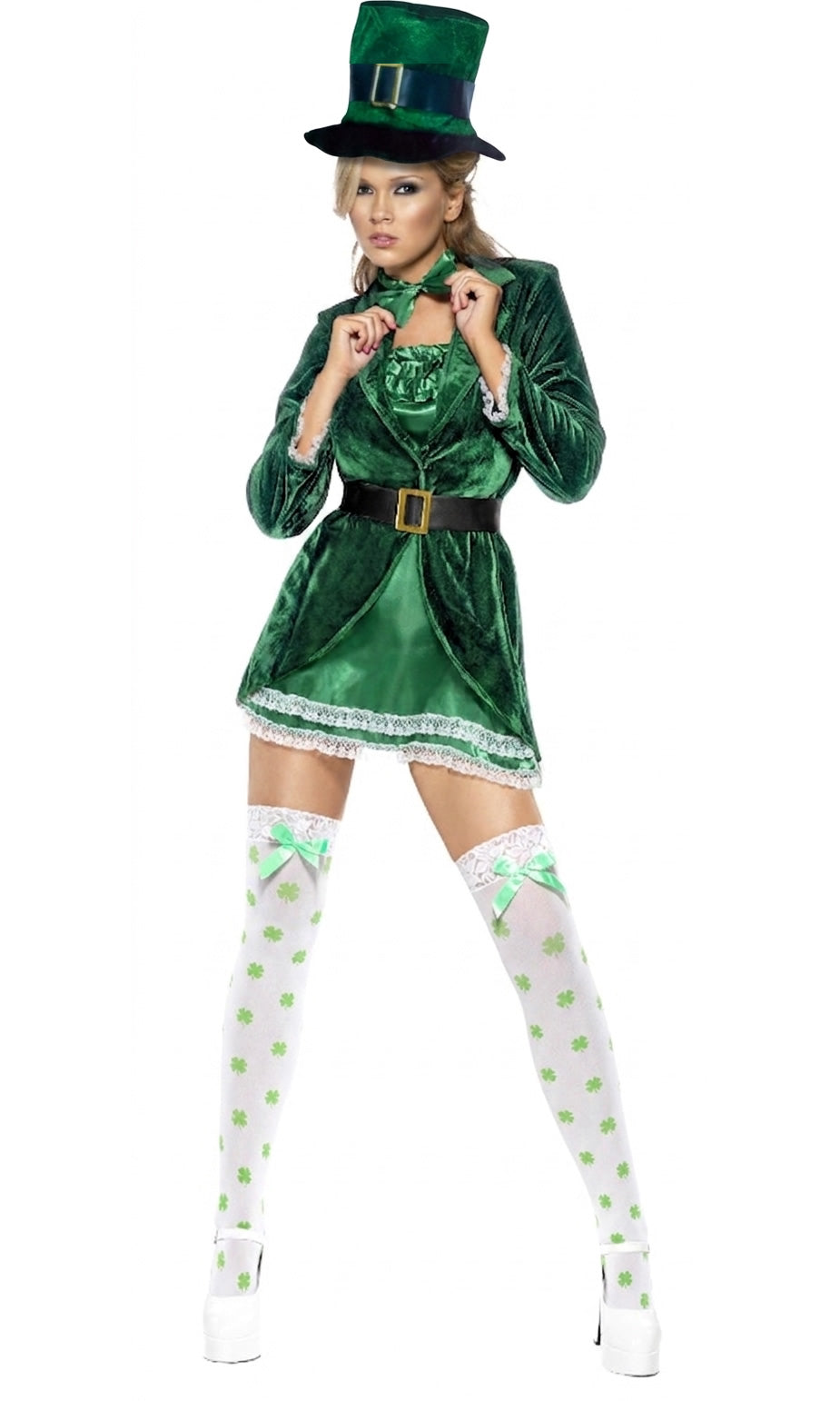 A woman modeling a green leprechaun costume with a matching green top hat, a short green velvet dress with a black belt, white thigh-high stockings with green shamrock patterns, and white platform shoes.
