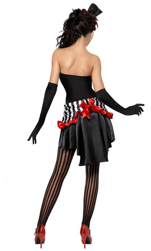 Back of short black, white and red burlesque costume with hat, gloves and necklace