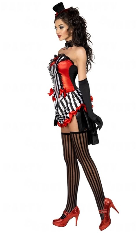 Side of short black, white and red burlesque costume with hat, gloves and necklace