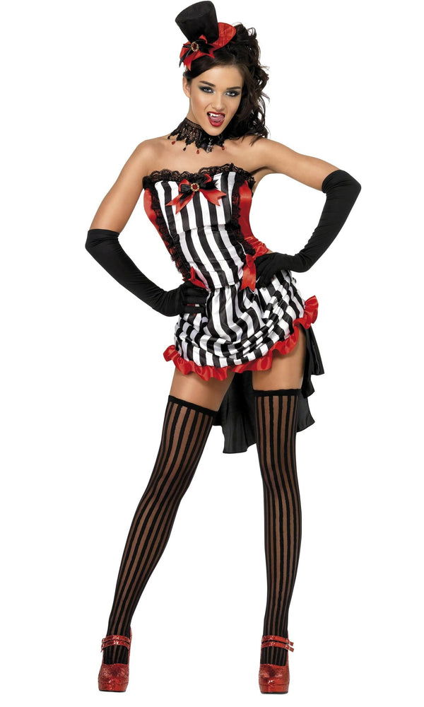 Short black, white and red burlesque costume with hat, gloves and necklace