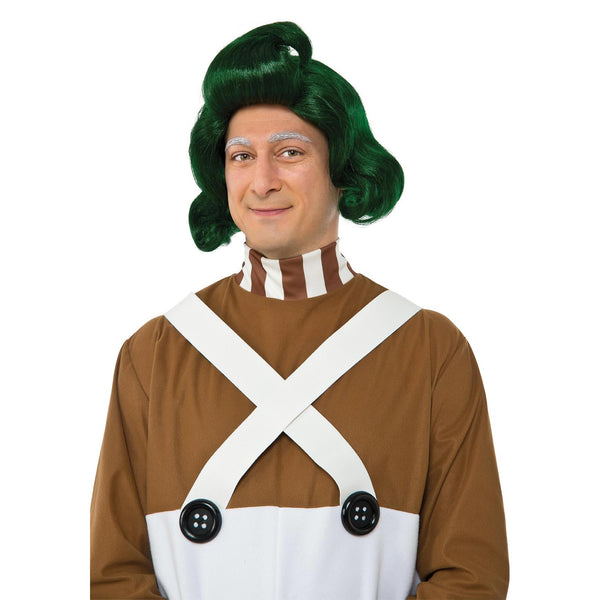 Person wearing a green Oompa Loompa wig and a costume with suspenders