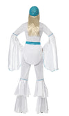 Back of woman's white Back of Abba style costume with blue belt and hat