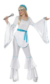 Woman's white Abba style costume with blue belt and hat