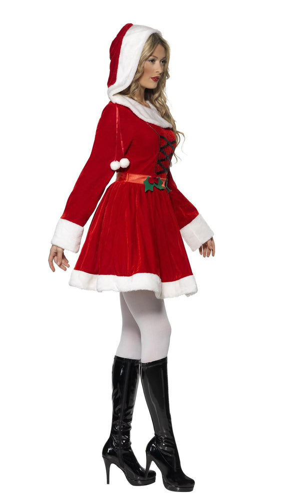 Side of Miss Santa short red dress with hood and attached belt