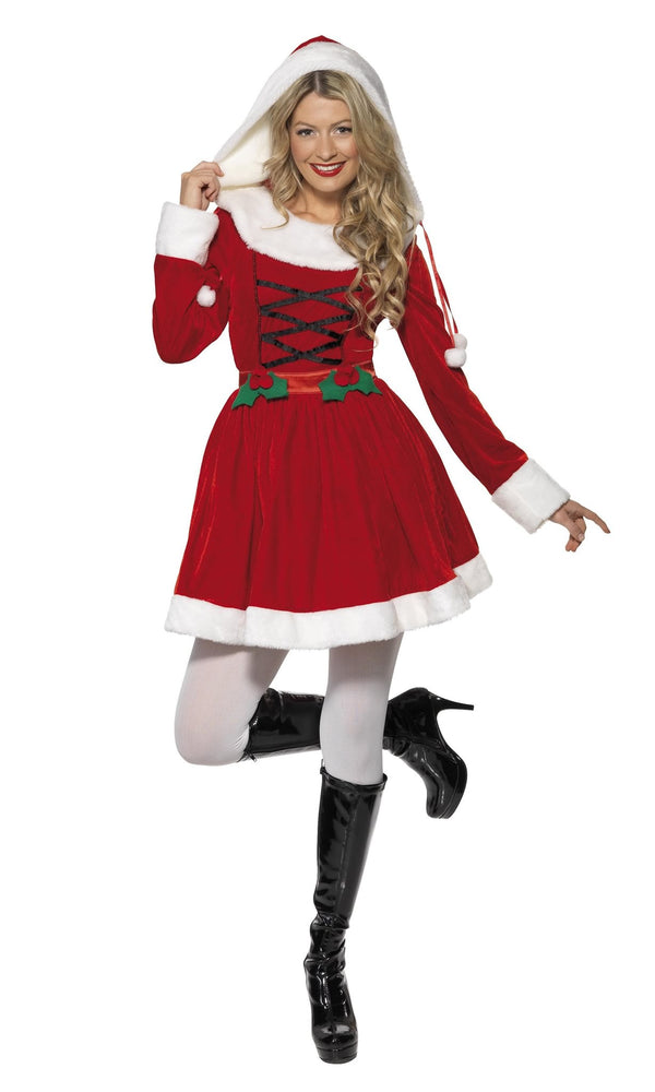 Miss Santa short red dress with hood and attached belt