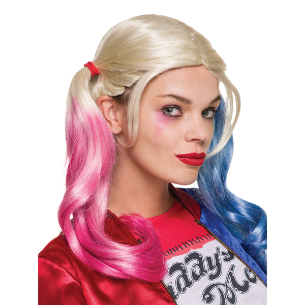 Blonde Harley Quinn wig with pink and blue pigtails