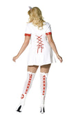 Back of short white nurse dress withred stripes and matching headpiece