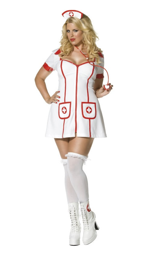 Short white nurse dress withred stripes and matching headpiece