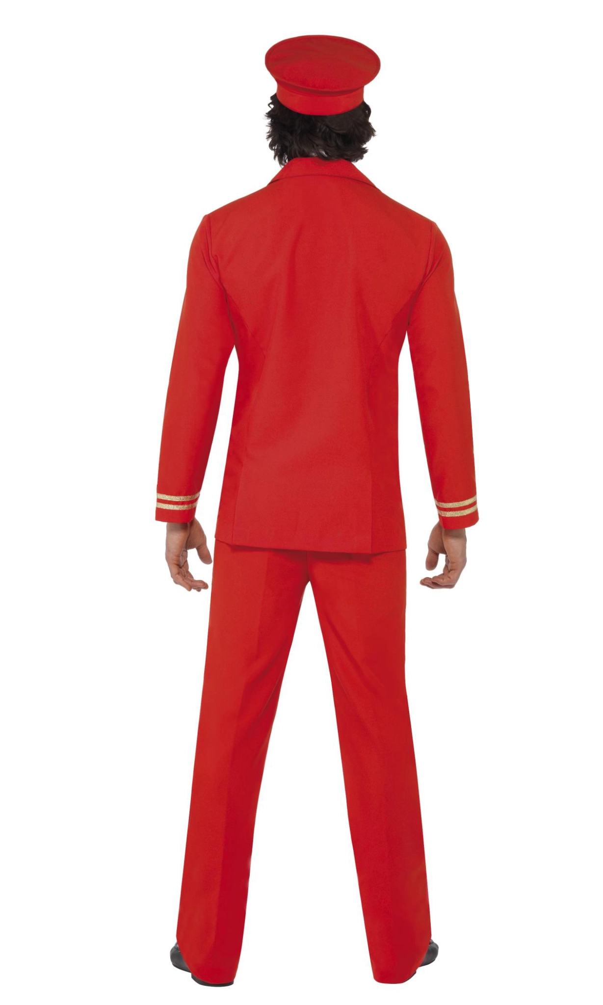 Back of a man in a red pilot costume with gold wrist bands and red hat