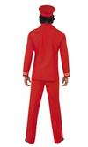 Back of a man in a red pilot costume with gold wrist bands and red hat
