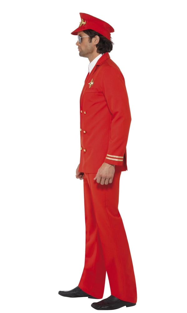 Side of a man in a red pilot costume with gold wrist bands and red hat