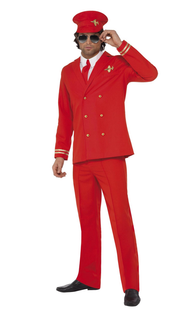 A man modeling a red costume resembling an airline pilot uniform, including a jacket, hat, pants, shirt front with tie, and glasses.