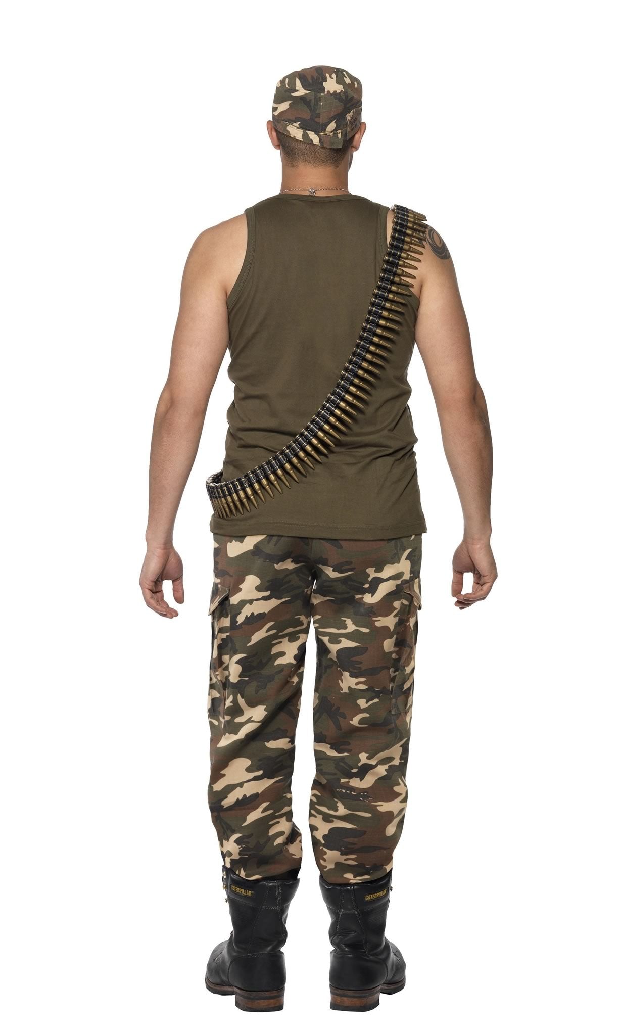 Back of khaki camouflage costume pants with green top and hat