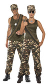 Khaki camouflage costume pants with green top and hat with partner