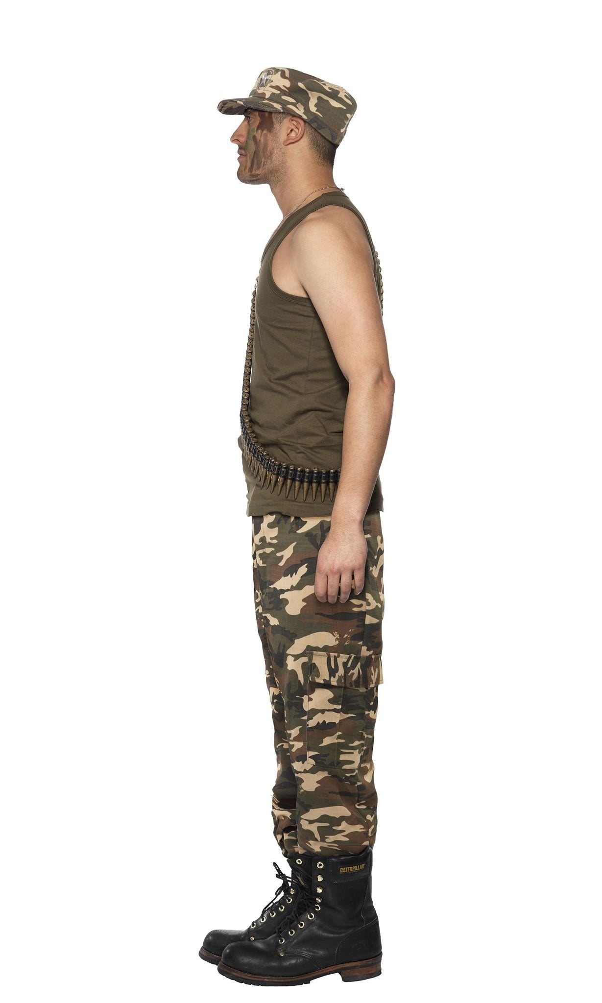 Side of khaki camouflage costume pants with green top and hat