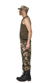 Side of khaki camouflage costume pants with green top and hat