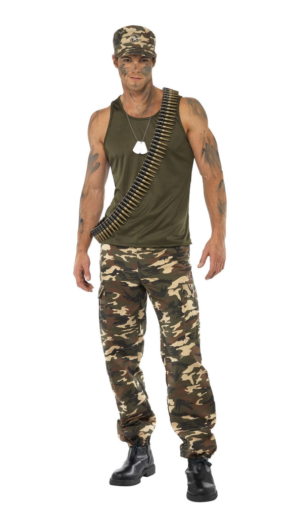 Khaki camouflage costume pants with green top and hat