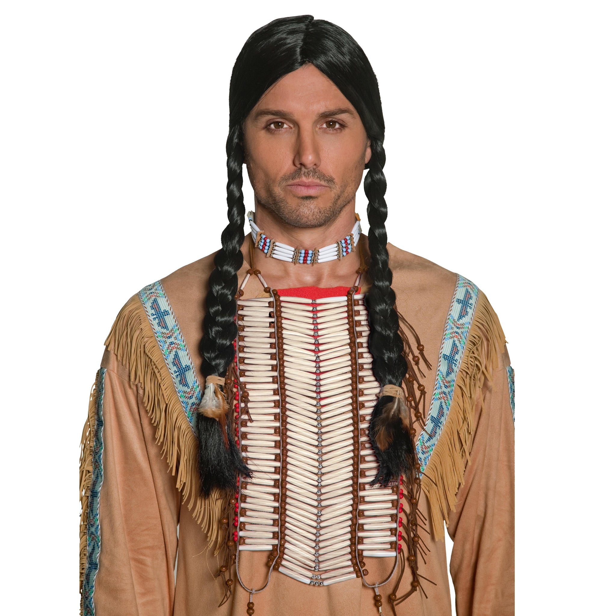 A man wearing a Native American Indian breastplate with braided tassels and beadwork, dressed in a costume resembling a squaw.