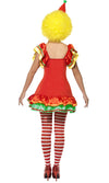 Back of a woman wearing a clown costume with a red dress, yellow wig, and striped tights on a white background