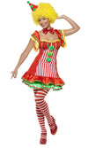 A woman wearing a short red clown dress with green petticoat and hat on headband