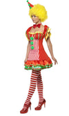 Person wearing a colorful clown costume with a red dress, yellow wig, and striped stockings on a white background.