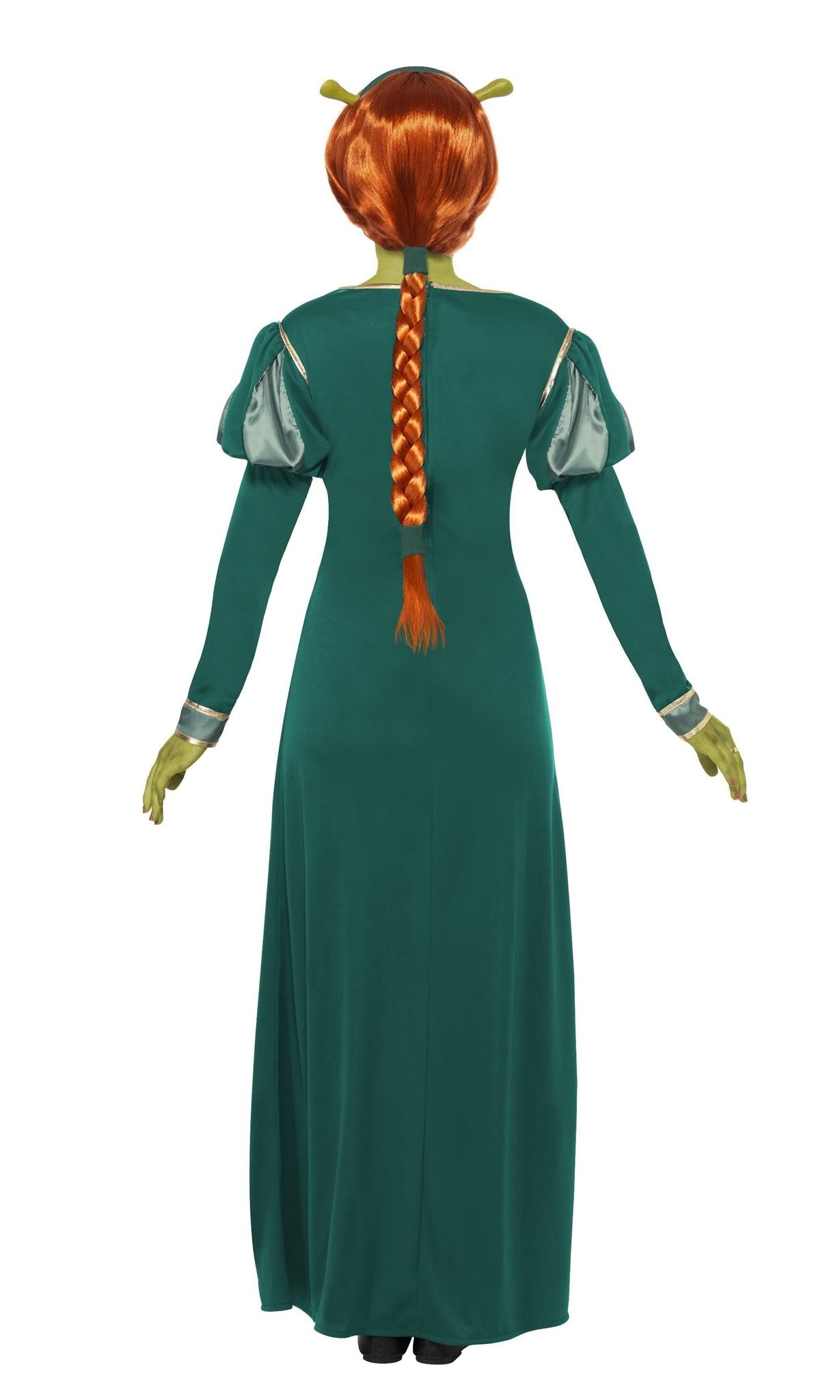 Back of Fiona Shrek long green dress with orange wig and ear headband