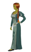 Side of Fiona Shrek long green dress with orange wig and ear headband
