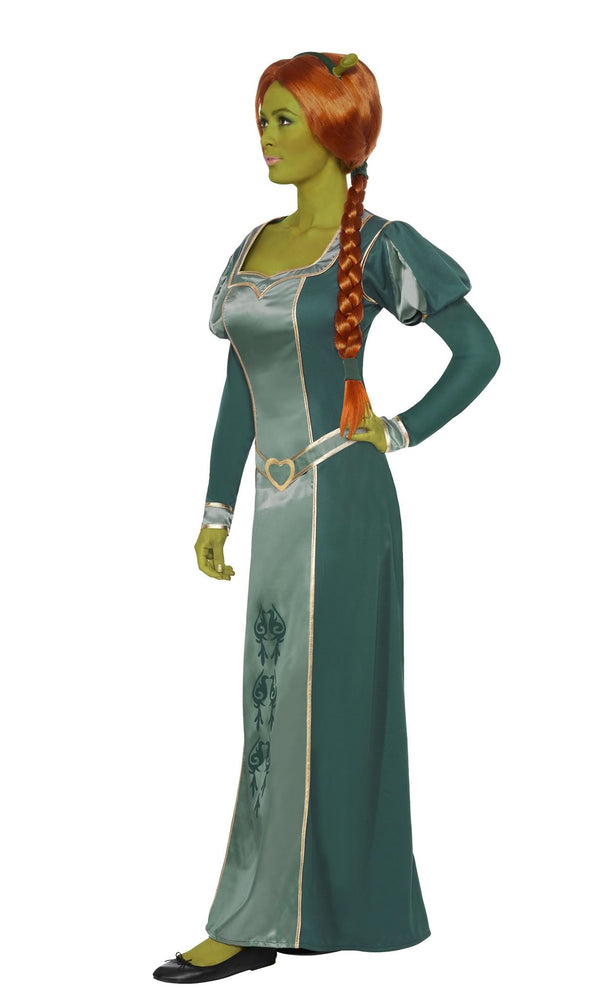Side of Fiona Shrek long green dress with orange wig and ear headband