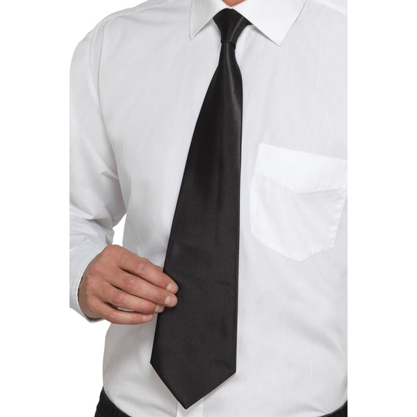White dress shirt with a black tie on a white background