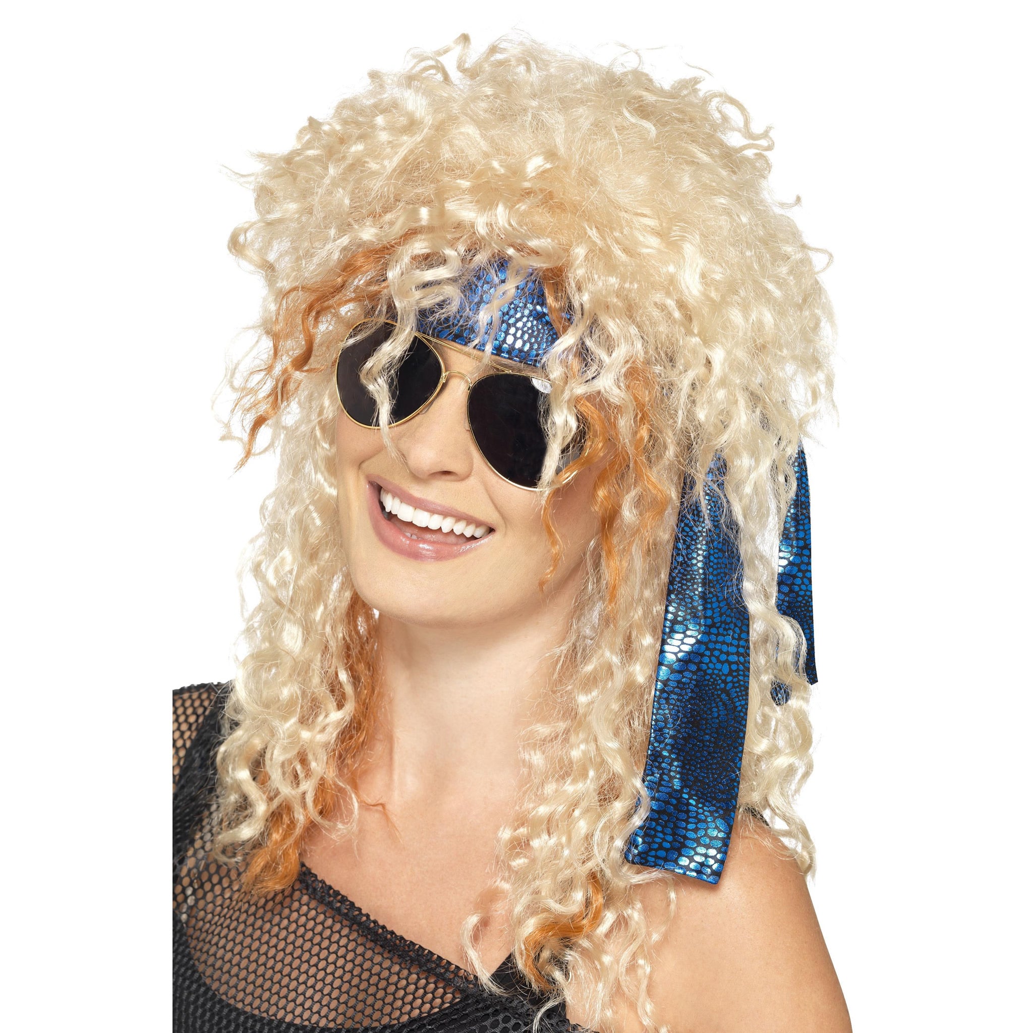 Heavy metal style long blonde wig worn by female