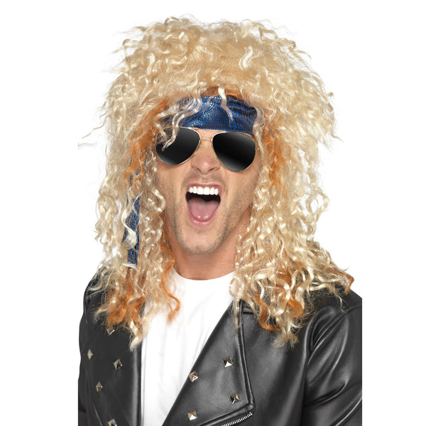 Heavy metal style long blonde wig worn by male