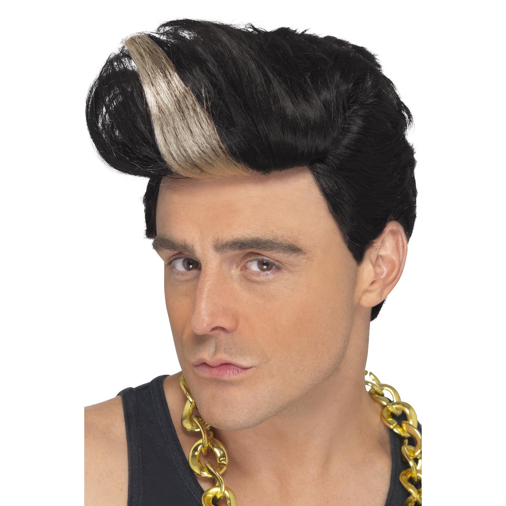 Black 90s rapper style quiff wig with light streak