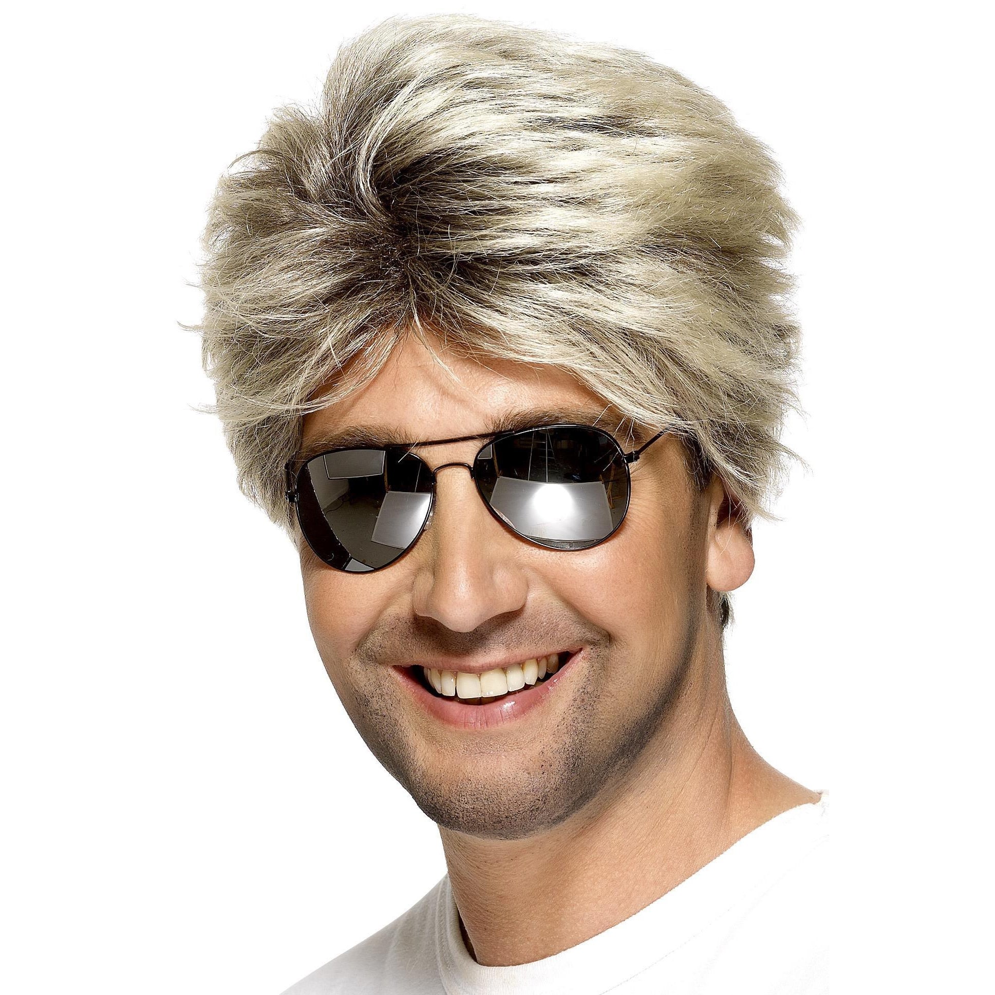 Blonde and brown 80s wig worn by male with sunglasses