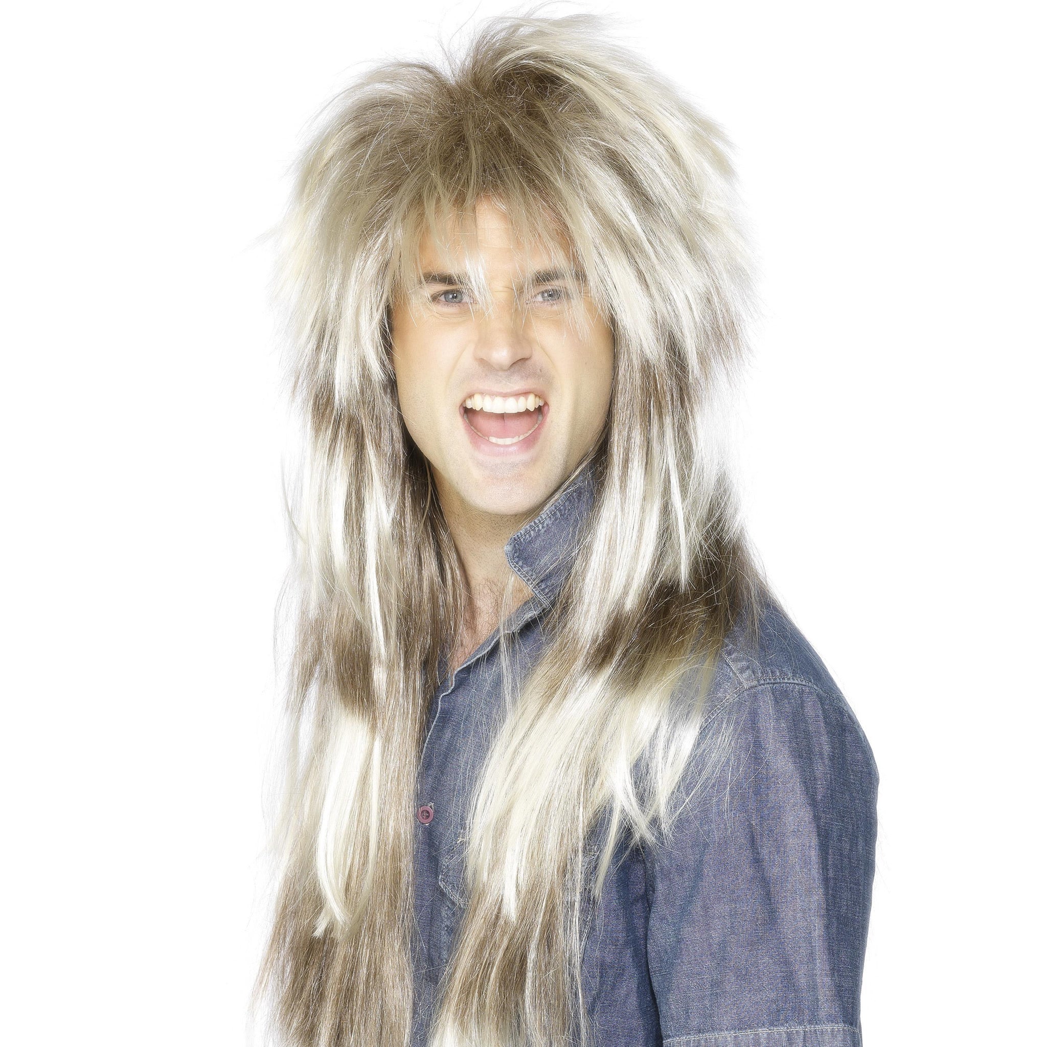 Long blonde mega mullet 80s wig