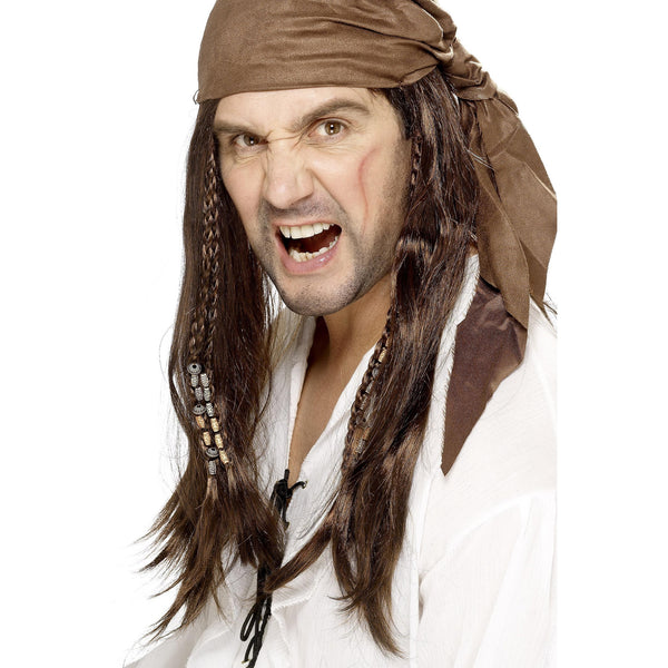 Long brown pirate wig with attached bandana and beaded braids