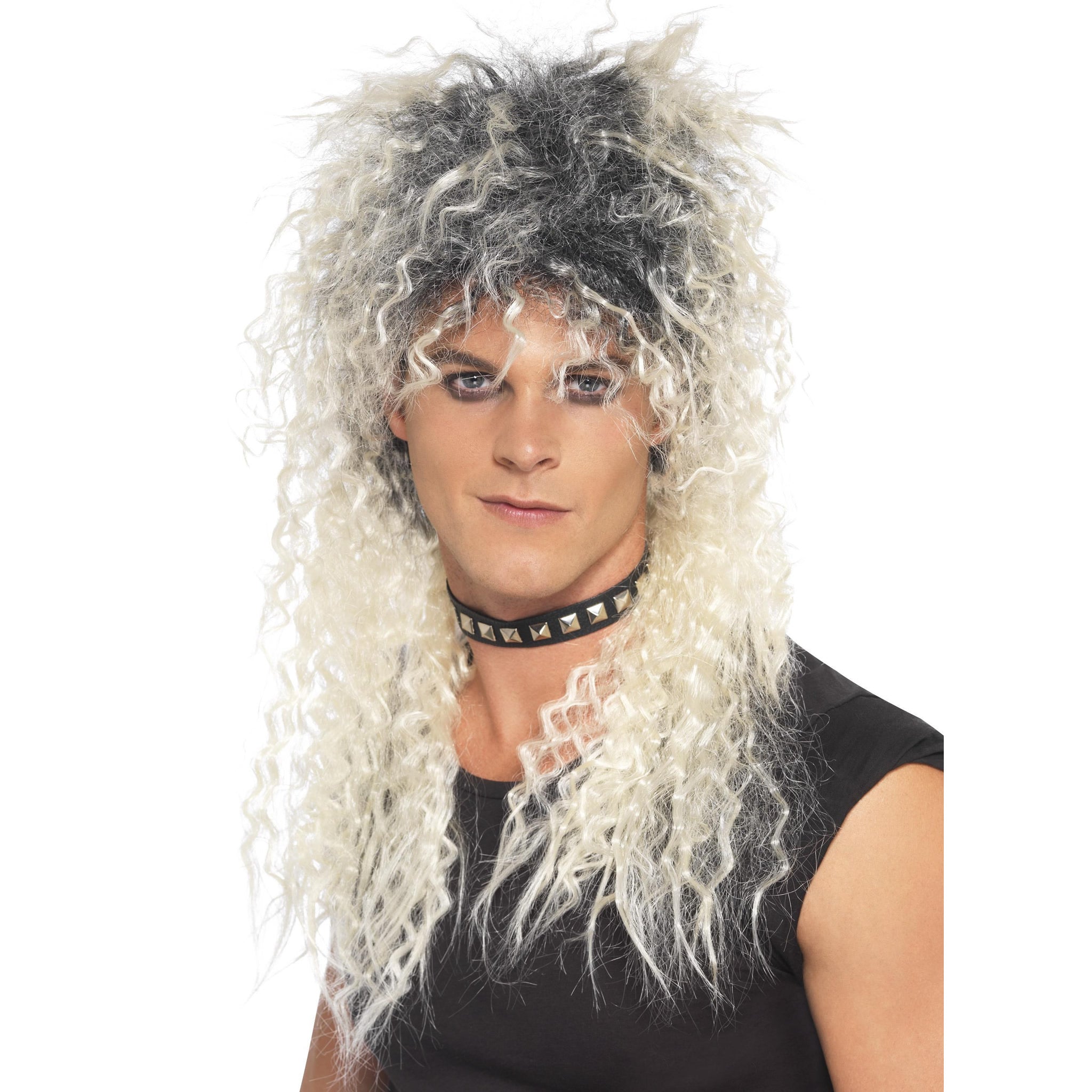 Long blonde rocker wig with black roots and crimped style