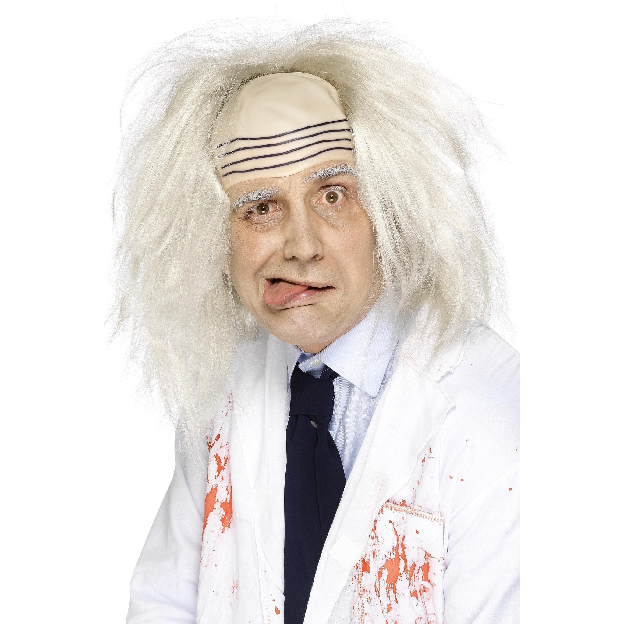 Crazy scientist or madman white wig with wrinkled forehead