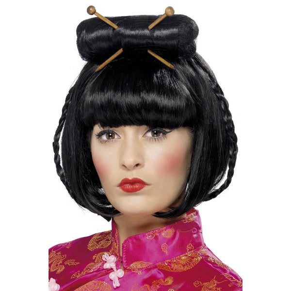 Black oriental style wig with hair pins
