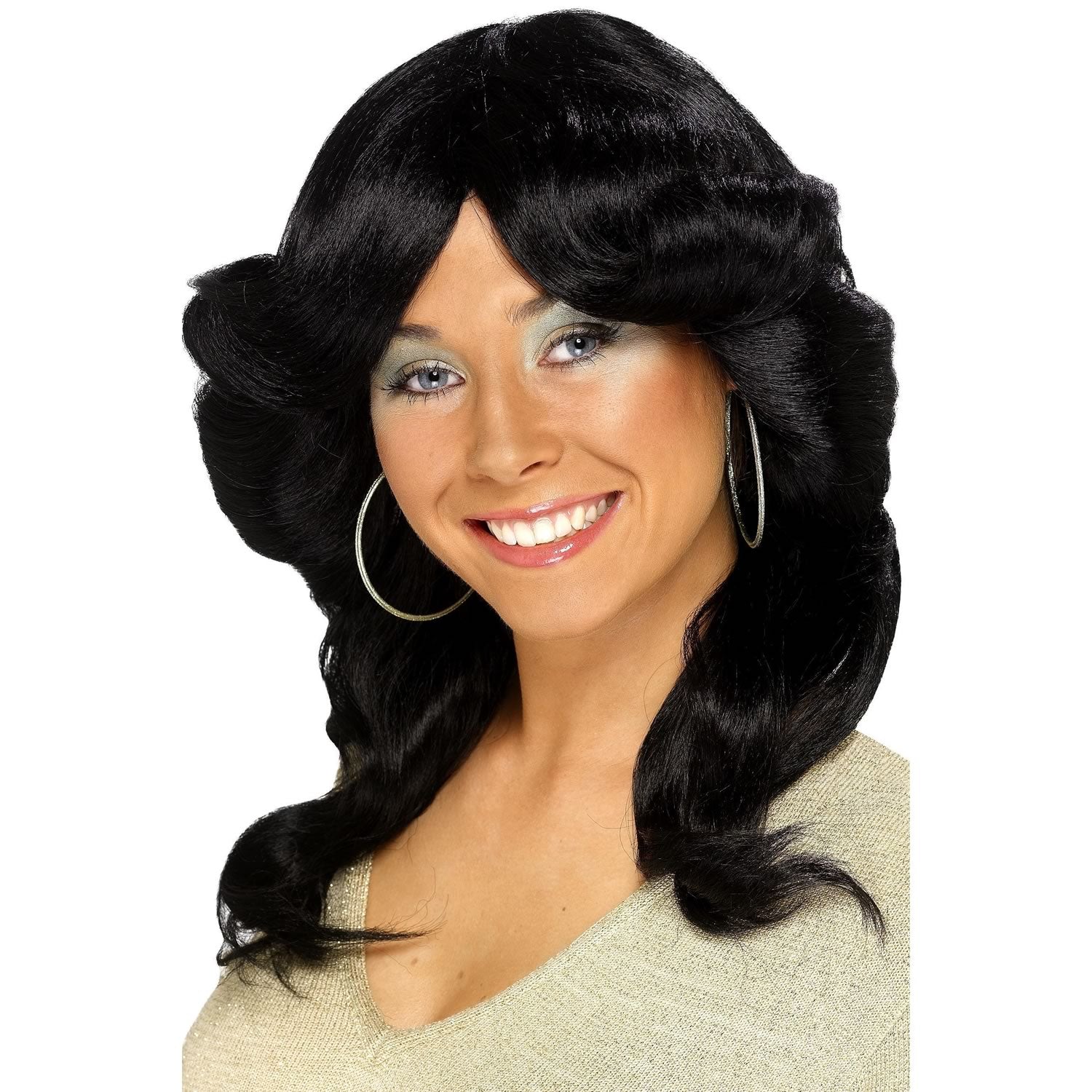 Long black woman's 70s flick wig