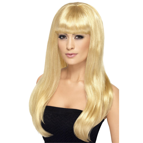 Long blonde woman's wig with fringe
