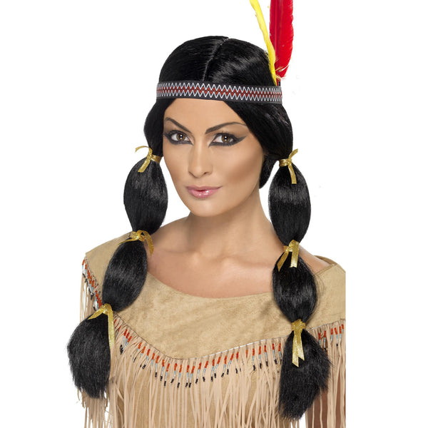 Long black pigtail Native American wig with headband and two feathers