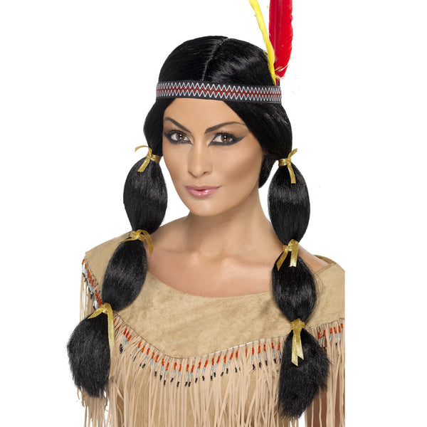 Long black pigtail Native American wig