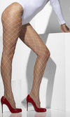 Fishnet stockings worn with red high heels on a white background