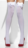White thigh-high stockings with white bows and red shoes on a white background
